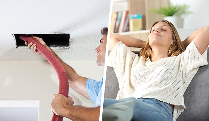 Collage of duct cleaning and person enjoying air quality