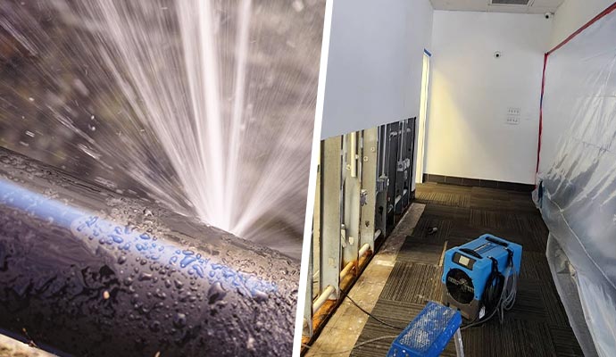 Collage of water pipe break and water extraction service