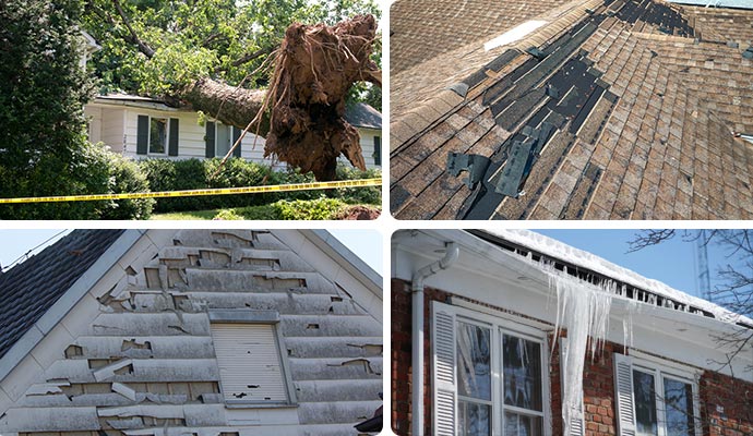 Collage of wind, roof, hail, and snow damaged house