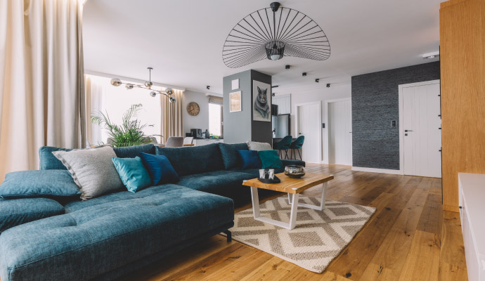 Modern living room after disaster restoration