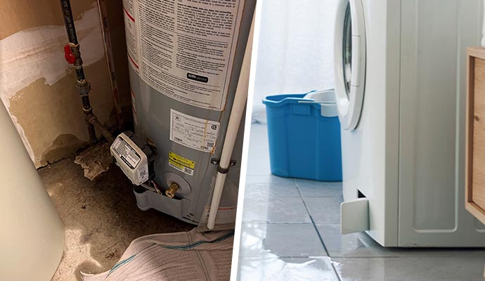 Collage of hot water heater and washing machine leakage