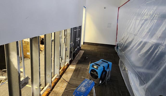 Office hallway undergoing water damage restoration
