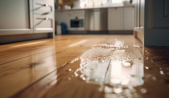 Water damaged kitchen wooden floor